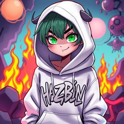 A new character in the style of Hazbin Hotel, featuring a unique design with a white hoodie that contrasts with the vibrant Hellish background