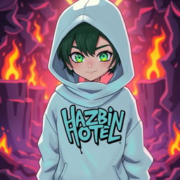 A new character in the style of Hazbin Hotel, featuring a unique design with a white hoodie that contrasts with the vibrant Hellish background