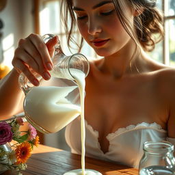 A close-up, artistic representation of a woman with small breasts, gently pouring milk from an ornate glass jug