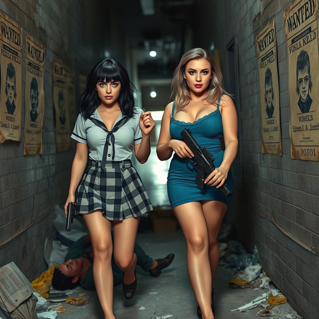 A captivating photographic image set in a narrow, dimly lit alleyway filled with garbage and adorned with old 'Wanted' posters on the walls