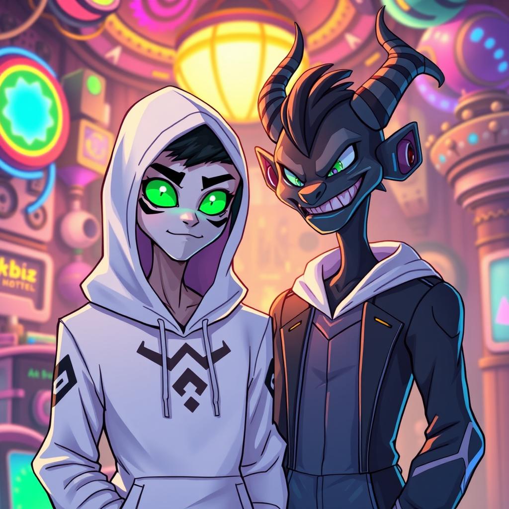 A new character in the style of Hazbin Hotel, dressed in a stylish white hoodie with a distinctive design, having striking bright green eyes that stand out