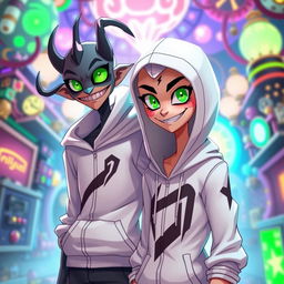 A new character in the style of Hazbin Hotel, dressed in a stylish white hoodie with a distinctive design, having striking bright green eyes that stand out