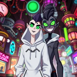 A new character in the style of Hazbin Hotel, dressed in a stylish white hoodie with a distinctive design, having striking bright green eyes that stand out