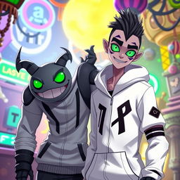 A new character in the style of Hazbin Hotel, dressed in a stylish white hoodie with a distinctive design, having striking bright green eyes that stand out