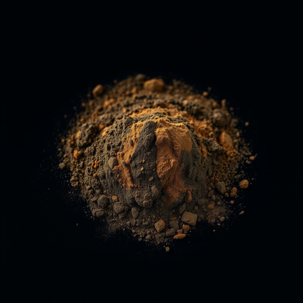 A mound of powder on the ground, composed of 80% black powder and 20% brown powder, thoroughly mixed together