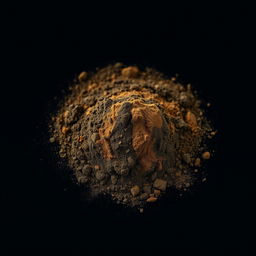 A mound of powder on the ground, composed of 80% black powder and 20% brown powder, thoroughly mixed together