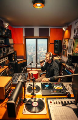 A vibrant and modern radio studio, showcasing various types of radios including vintage and sleek contemporary designs