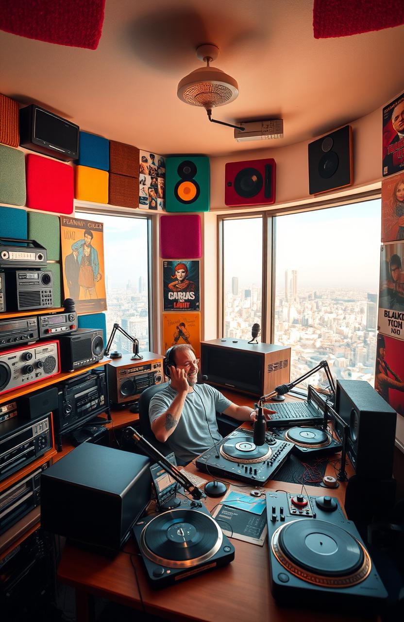 A vibrant and modern radio studio, showcasing various types of radios including vintage and sleek contemporary designs