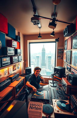 A vibrant and modern radio studio, showcasing various types of radios including vintage and sleek contemporary designs