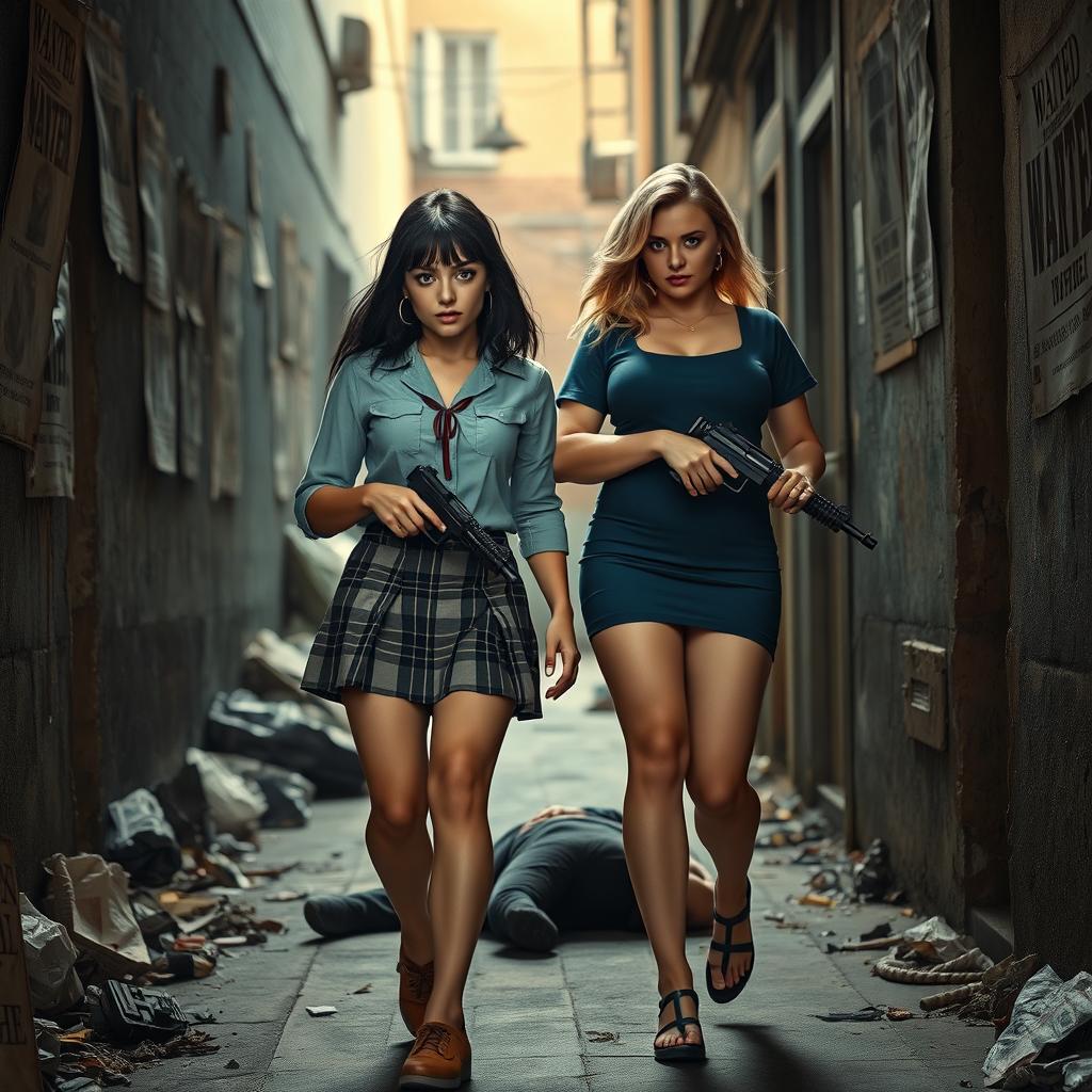 A striking photographic image set in a narrow, dimly lit alley filled with garbage and featuring old 'Wanted' posters plastered on the walls