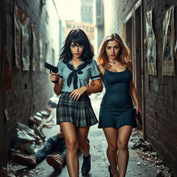 A striking photographic image set in a narrow, dimly lit alley filled with garbage and featuring old 'Wanted' posters plastered on the walls