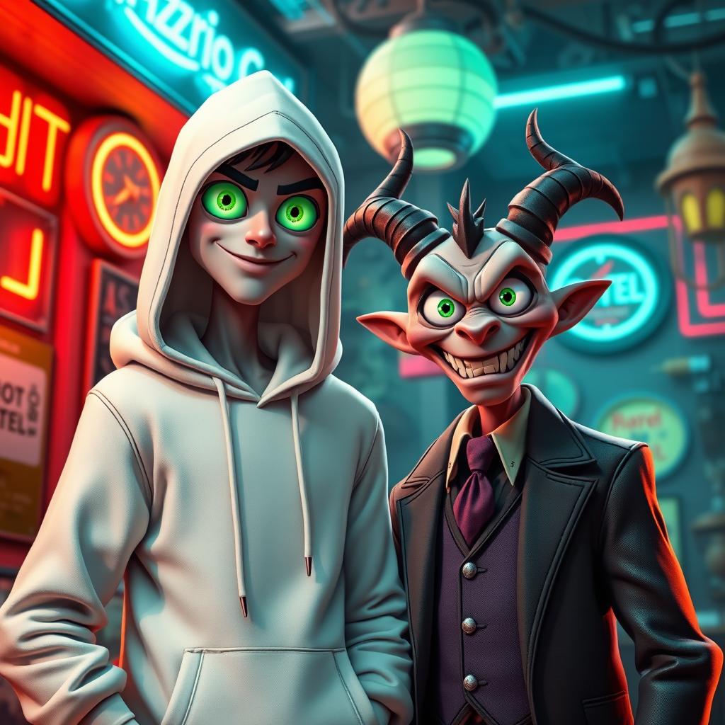 A new character for Hazbin Hotel, featuring a tall figure wearing a stylish white hoodie, complemented by vivid green eyes that express charm and mischief