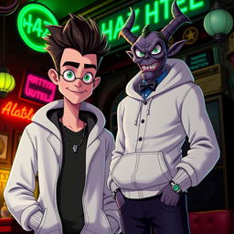 A new character for Hazbin Hotel, featuring a tall figure wearing a stylish white hoodie, complemented by vivid green eyes that express charm and mischief