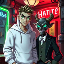 A new character for Hazbin Hotel, featuring a tall figure wearing a stylish white hoodie, complemented by vivid green eyes that express charm and mischief