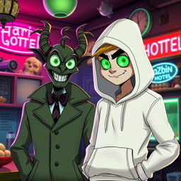 A new character for Hazbin Hotel, featuring a tall figure wearing a stylish white hoodie, complemented by vivid green eyes that express charm and mischief