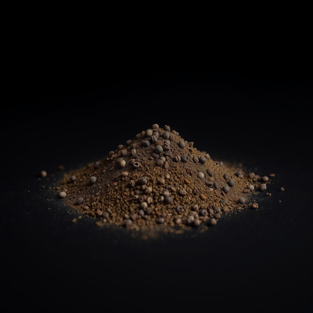 A mound of black pepper powder spilling on a flat surface, with no other objects present in the image