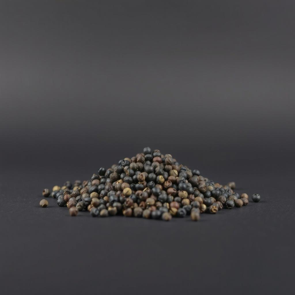 A mound of black peppercorns spilling on a flat surface, with no other objects present in the image