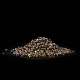 A mound of black peppercorns spilling on a flat surface, with no other objects present in the image