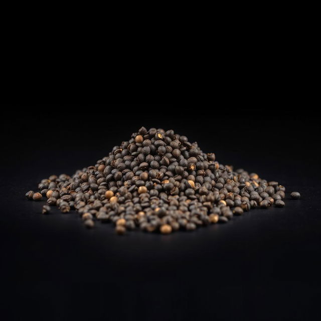 A mound of black peppercorns spilling on a flat surface, with no other objects present in the image