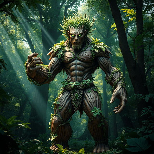 A majestic humanoid creature made entirely of plant matter, exuding a powerful presence with a mix of bark-like skin and vibrant green foliage