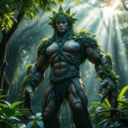 A majestic humanoid creature made entirely of plant matter, exuding a powerful presence with a mix of bark-like skin and vibrant green foliage
