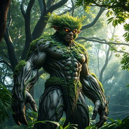 A majestic humanoid creature made entirely of plant matter, exuding a powerful presence with a mix of bark-like skin and vibrant green foliage