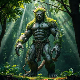 A majestic humanoid creature made entirely of plant matter, exuding a powerful presence with a mix of bark-like skin and vibrant green foliage