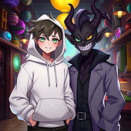 A new character in the Hazbin Hotel universe, wearing a stylish white hoodie and having striking green eyes