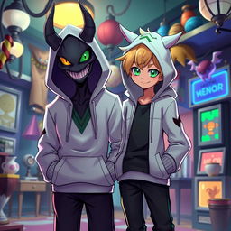 A new character in the Hazbin Hotel universe, wearing a stylish white hoodie and having striking green eyes