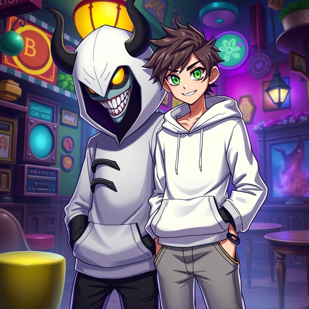 A new character in the Hazbin Hotel universe, wearing a stylish white hoodie and having striking green eyes