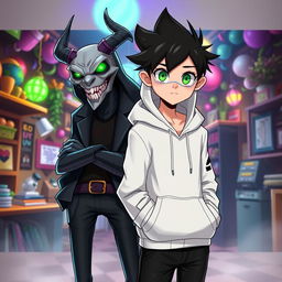 A new character in the Hazbin Hotel universe, wearing a stylish white hoodie and having striking green eyes