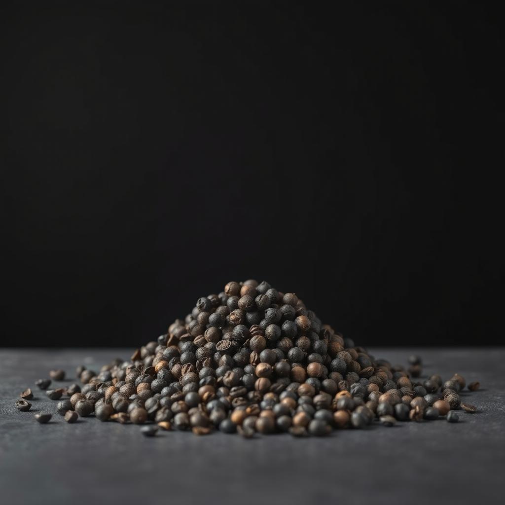 A mound of whole black peppercorns spilling on a flat surface, with no other objects in the image