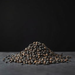 A mound of whole black peppercorns spilling on a flat surface, with no other objects in the image