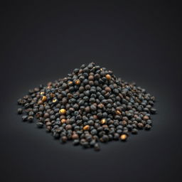 A mound of whole black peppercorns spilling on a flat surface, with no other objects in the image
