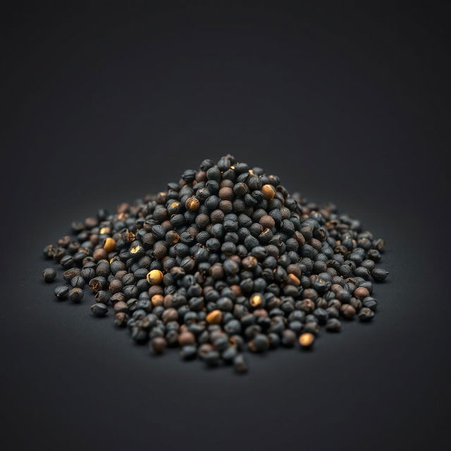 A mound of whole black peppercorns spilling on a flat surface, with no other objects in the image