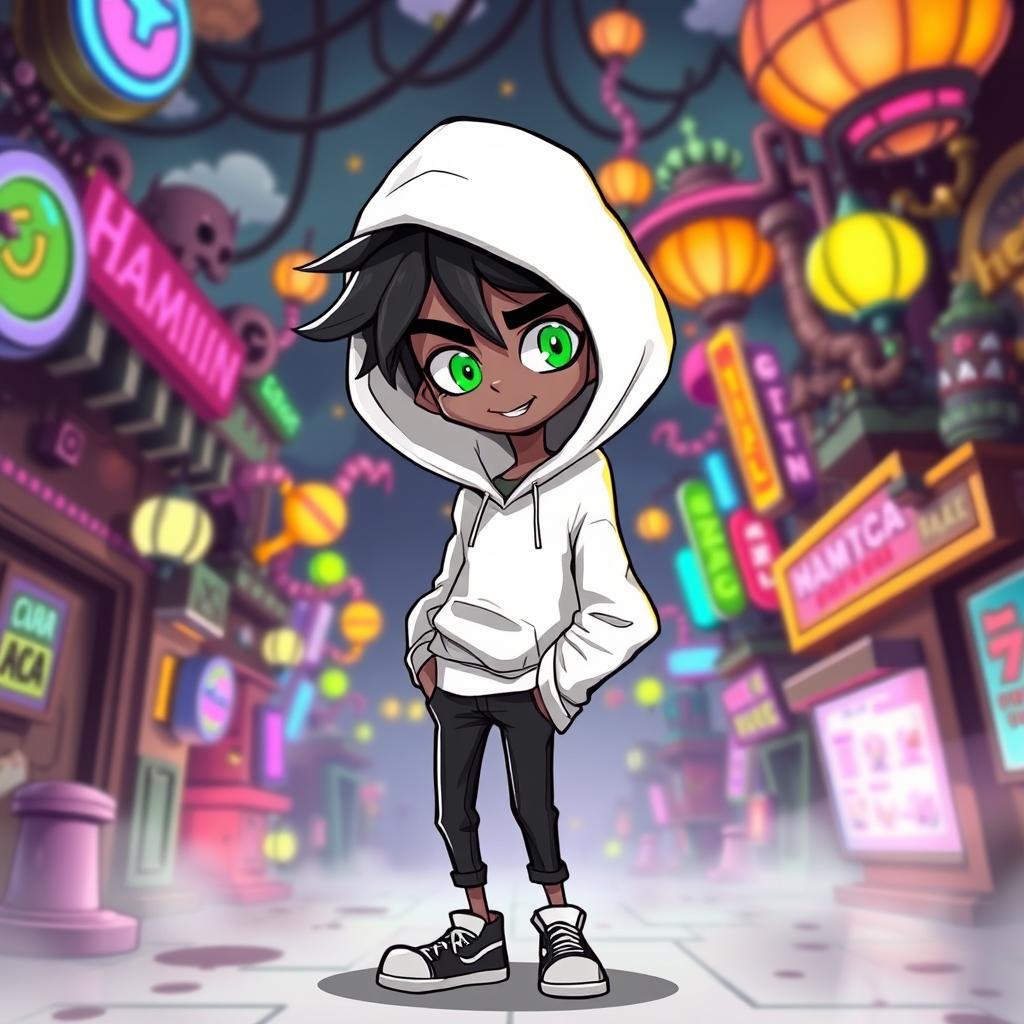 A new character in the style of Hazbin Hotel, featuring a tall, slim figure dressed in a casual white hoodie that is slightly oversized