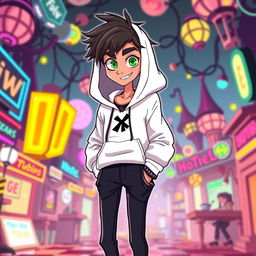A new character in the style of Hazbin Hotel, featuring a tall, slim figure dressed in a casual white hoodie that is slightly oversized