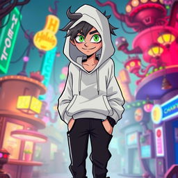 A new character in the style of Hazbin Hotel, featuring a tall, slim figure dressed in a casual white hoodie that is slightly oversized