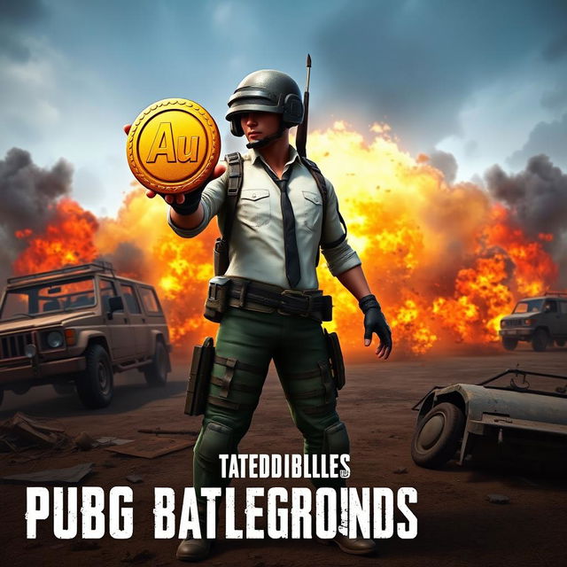 A PUBG Battleground character holding a golden coin with the letters 'Au' on it in their hand