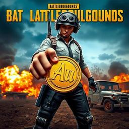 A PUBG Battleground character holding a golden coin with the letters 'Au' on it in their hand