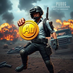 A PUBG Battleground character holding a golden coin with the letters 'Au' on it in their hand