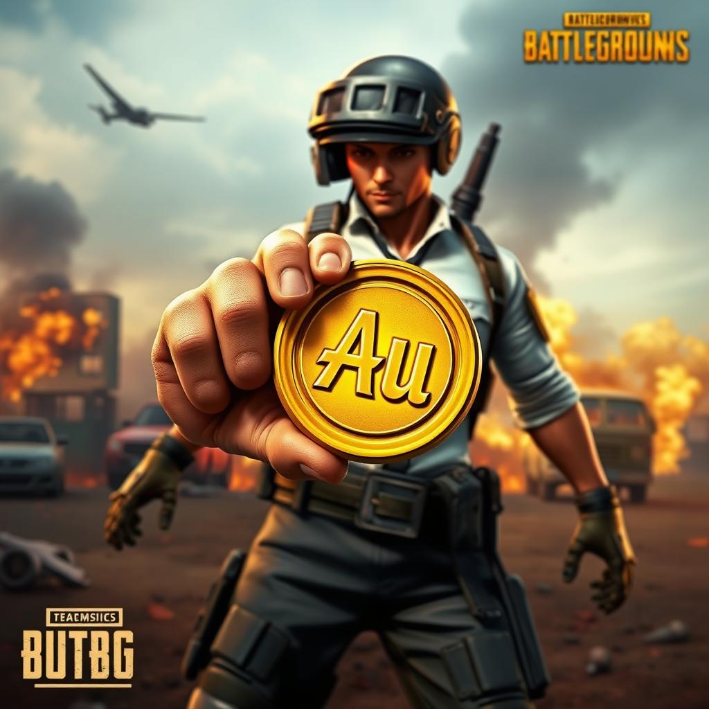 A PUBG Battleground character holding a golden coin with the letters 'Au' on it in their hand