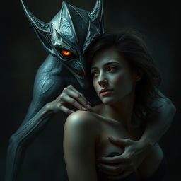 A captivating depiction of lust as a seductive creature, looming behind a human figure