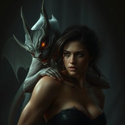 A captivating depiction of lust as a seductive creature, looming behind a human figure