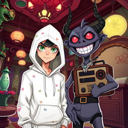 A new character in the Hazbin Hotel universe, featuring a unique design with a white hoodie that has subtle, colorful patterns