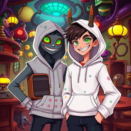 A new character in the Hazbin Hotel universe, featuring a unique design with a white hoodie that has subtle, colorful patterns
