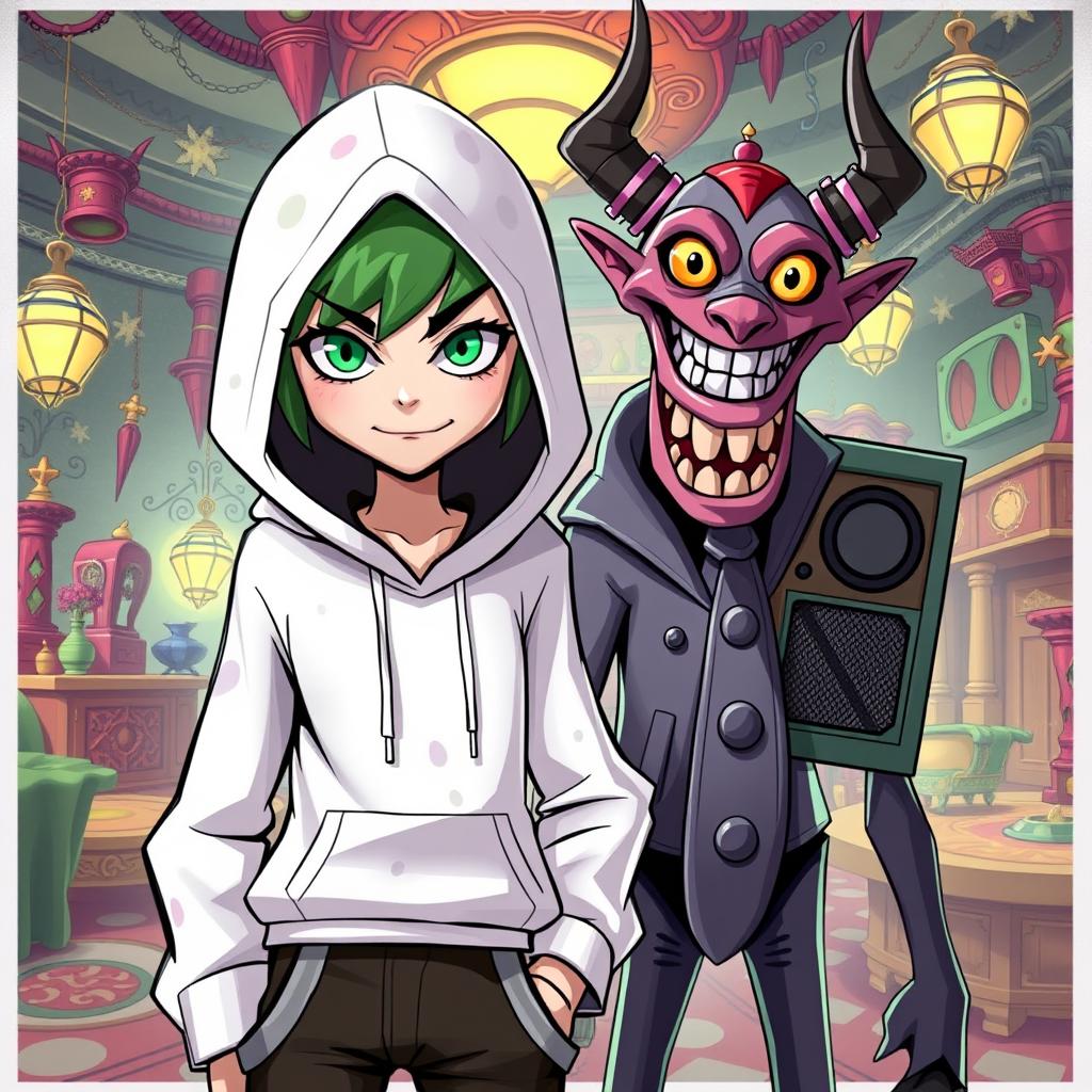 A new character in the Hazbin Hotel universe, featuring a unique design with a white hoodie that has subtle, colorful patterns