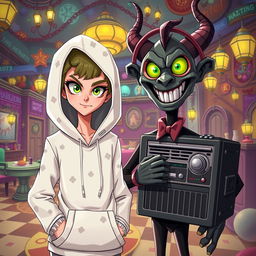 A new character in the Hazbin Hotel universe, featuring a unique design with a white hoodie that has subtle, colorful patterns