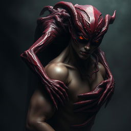 A haunting depiction of lust as a seductive creature, lurking behind a human figure