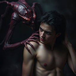 A haunting depiction of lust as a seductive creature, lurking behind a human figure